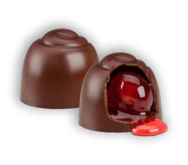 A chocolate covered candy with red jelly inside.