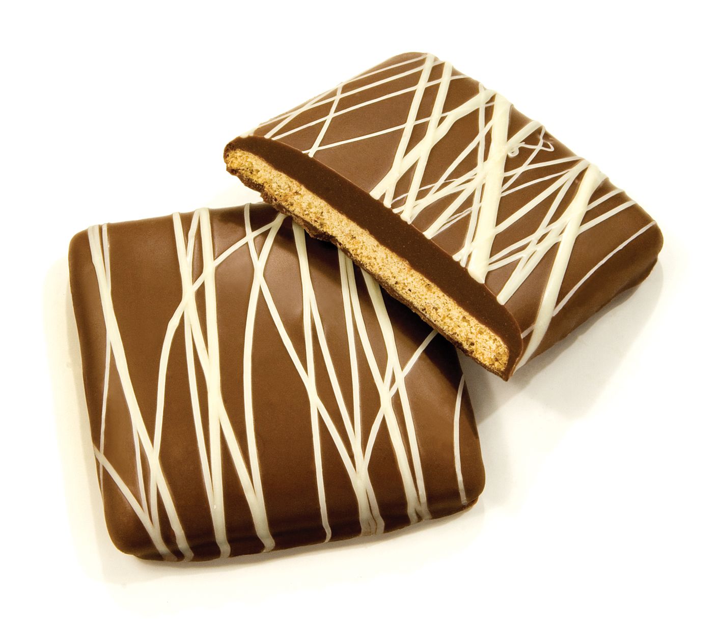 A chocolate covered sandwich cookie with white stripes.